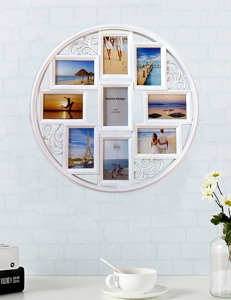 MKUN 4x6 Wall Collage Picture Frames - Round Circular Wall hanging Picture Photo Collage Frame with leaf decoration, 9- Opening (White) - Image 3